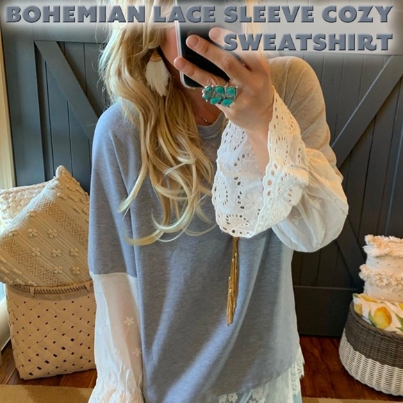 Boutique Tops - Bohemian Lace Sleeve Cozy Sweatshirt